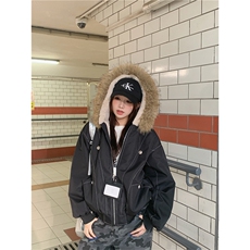 现货重磅boxy短款棉衣座山雕大毛毛领男女棉服水洗工装厚外套，男装棉衣，电商A486