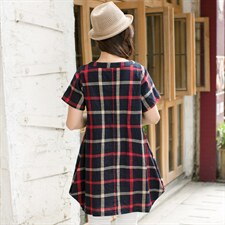 格子甜美V领A字裙2025年夏季短袖中长款棉休闲连衣裙，女装连衣裙，风姿绰