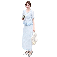 2026夏季新款套装裙女夏季法式温柔风蕾丝提花上衣半身裙两件套，女装套装/套裙，霓裳依族