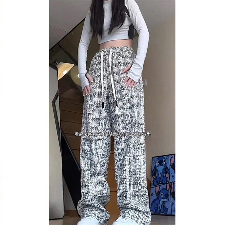 黑白格子小香风裤子男女秋季美式复古灯芯绒脏脏裤宽松大码阔腿裤,男装休闲裤,星座506A