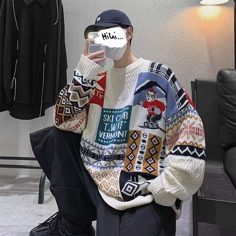 美式复古设计感ins拼接毛衣男潮牌情侣装宽松圆领小众针织衫外套,男装针织衫/毛衣,星座506A