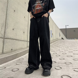 反穿主义设计感倒装牛仔裤男水洗浅色阔腿直筒裤子潮复古裤子图片