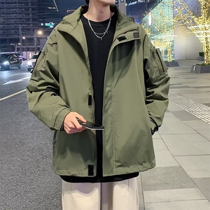 工装外套男士春秋季潮牌宽松连帽冲锋衣防水衣服夹克男装3640 P78图片