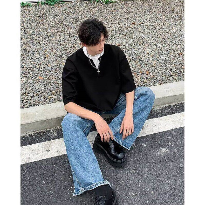 抖音得物高品质版本二开240克宽松纯棉美式高街痞帅假两件短袖T恤,男装T恤,电商A486-1