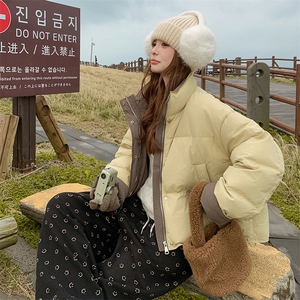 黄色撞色短款羽绒服女2025冬季新款奶呼呼学院风加厚白鸭绒外套潮图片