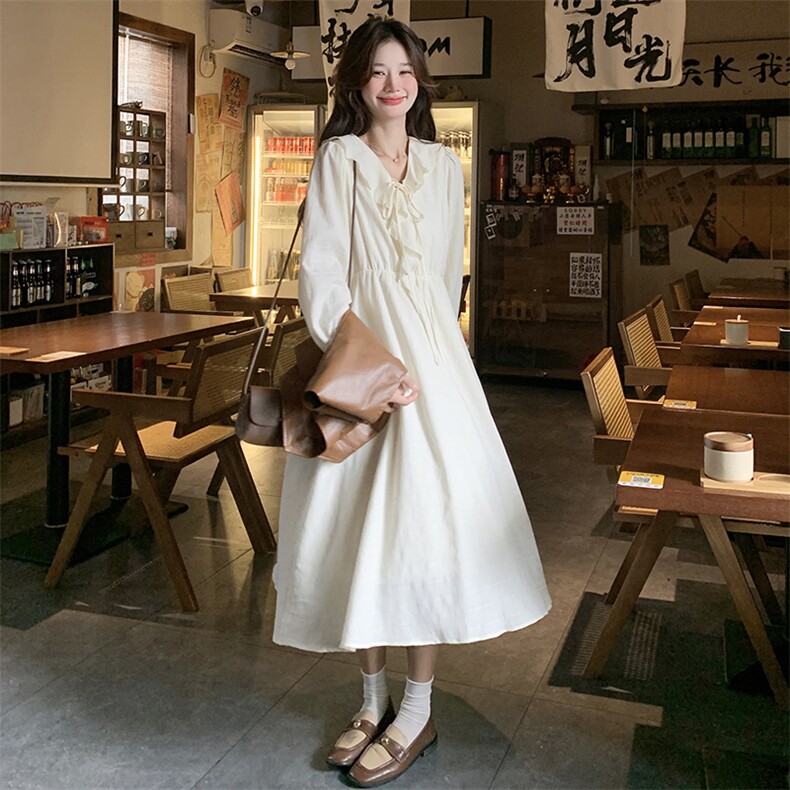 白色甜美荷叶边拼接连衣裙女2025春季新慵懒风时尚气质宽松长裙子,女装连衣裙,C位
