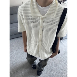 夏季翻领衬衫韩系针织衫镂空短袖衬衫男女T148-P45图片