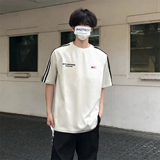 抖音得物高品质二开240克宽松纯棉美式潮牌三条杠织带短袖T恤，男装T恤，电商A486