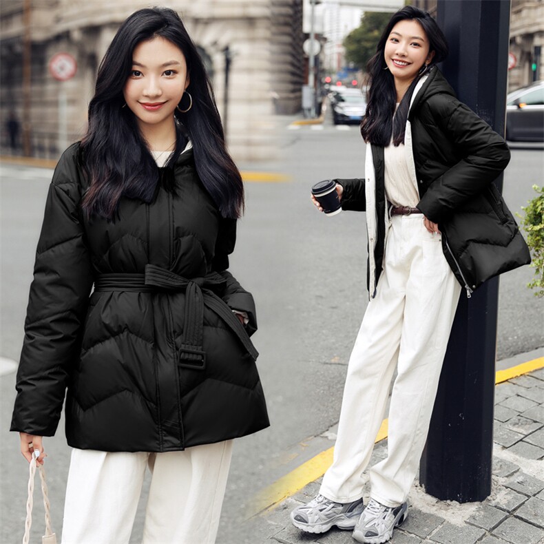 时尚显瘦系带连帽白鸭绒羽绒服女冬季新款保暖外套,女装羽绒服,阿舍尔精品