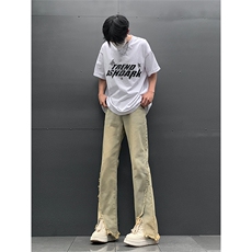 现货24春夏黄泥开叉毛边宽松牛仔裤设计感微喇休闲裤男K5803-P55，男装牛仔裤，星座205