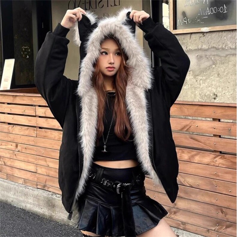 [网图]座山雕麂皮猫耳朵连帽棉服外套加厚棉衣D4092-TP100178图片