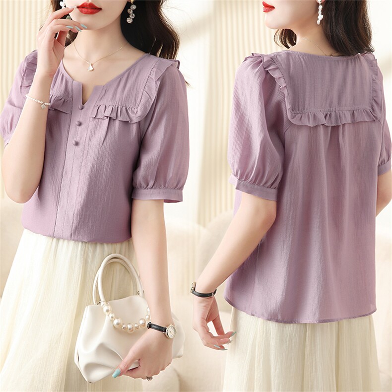 新款女装甜美荷叶边短袖衬衫显瘦百搭气质上衣，女装衬衫，笃写