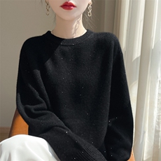 时尚百搭黑色加厚羊毛衫优雅显瘦圆领珠片装饰毛衣，女装羊毛衫，东远绒业