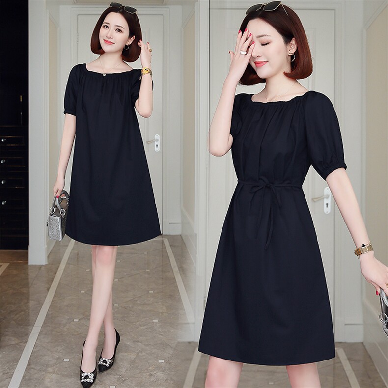 2021年夏季通勤高腰套头简约短袖中长款一字领连衣裙，女装连衣裙，依万里