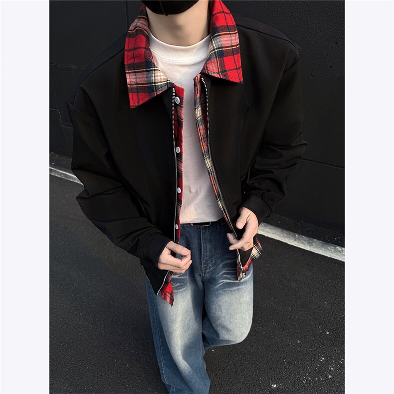 老钱风假两件翻领夹克外套男春秋拼接撞色美式CLeanfit飞行服P80,男装夹克,电商C306-1