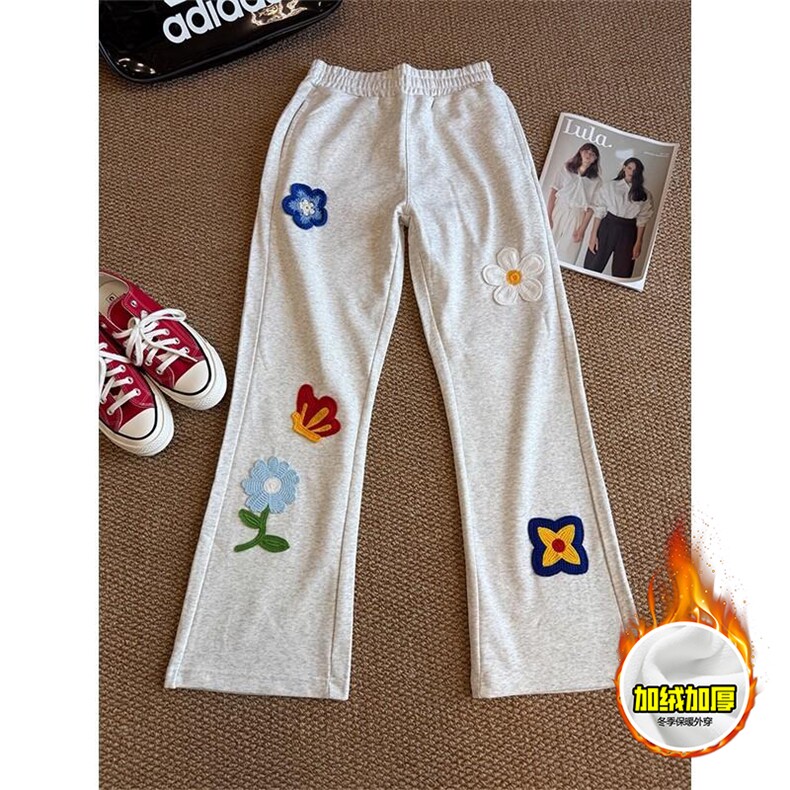 抖音得物高品质秋冬季重磅花卉刺绣潮流运动宽松加绒直筒休闲卫裤，男装休闲裤，电商A486-1