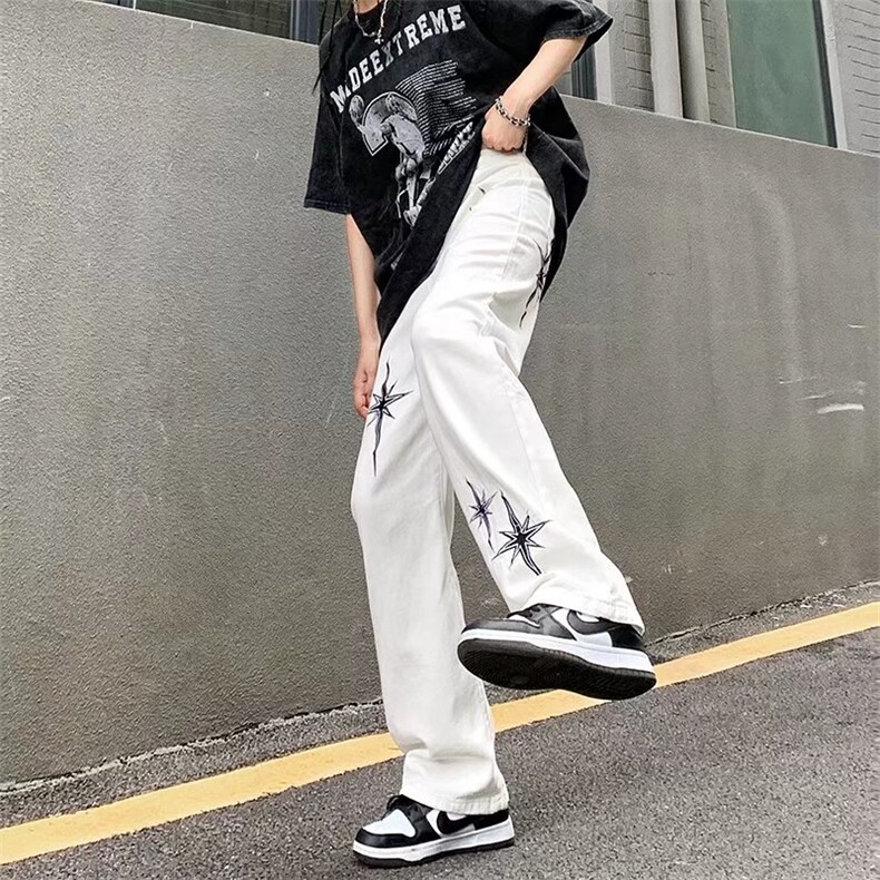 潮新款休闲裤男女街头嘻哈宽松情侣直筒长裤刺绣星星ZG01P45,男装牛仔裤,星座1116-2