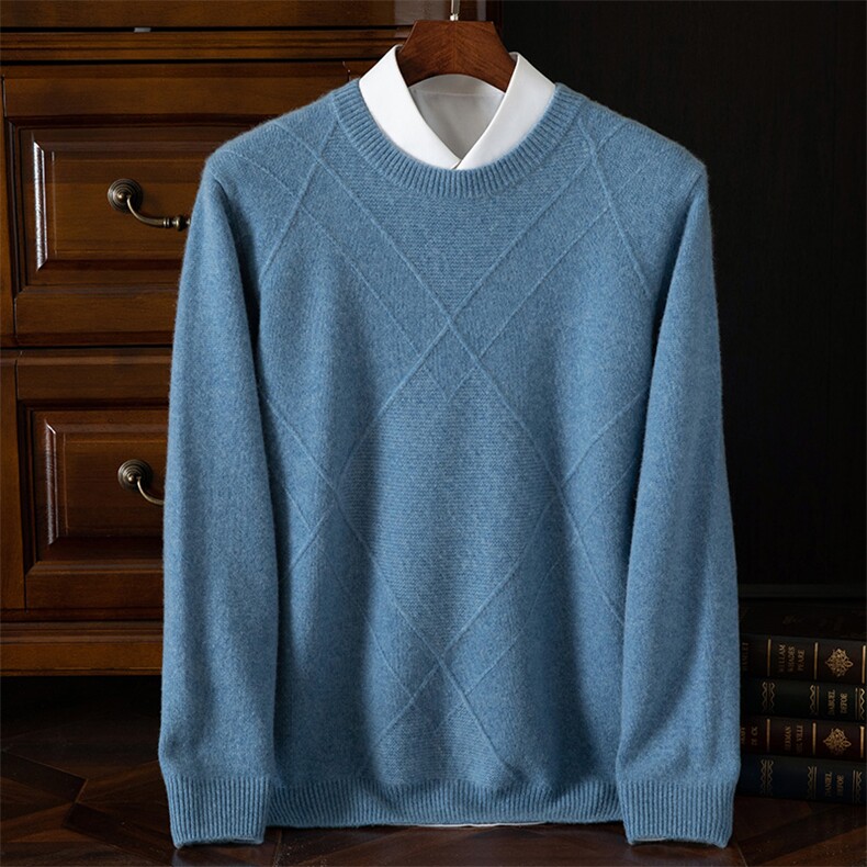 男羊绒圆领套头毛衣冬季加厚保暖长袖针织衫经典蓝色设计舒适百搭，男装羊绒套衫，欧力羊绒