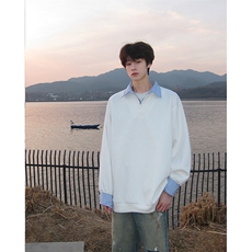 8XL-M韩版假两件撞色拼接卫衣长袖男翻领宽松套头上衣WY16P68，男装卫衣，电商D206-1