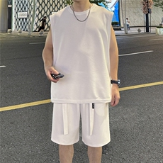 抖音高品质同面料短袖坎肩无袖T恤潮流男套装D088/P65白，男装T恤，电商A094