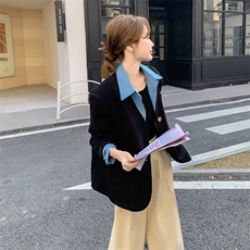 假两件衬衫拼接黑色灯芯绒西装外套女2025秋季气质高级感休闲西服，女装短外套，2C176