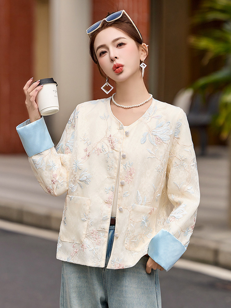 时尚蕾丝刺绣新中式国风外套女2025春夏新款薄款防晒长袖开衫上衣,女装短外套,伊仟回