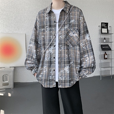 衬衫男秋季新款港风宽松大码格子扎染刺绣长袖衬衣CS3016-P38，男装衬衫，星座214-3