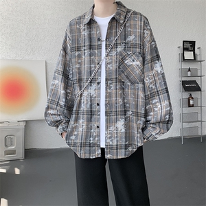 衬衫男秋季新款港风宽松大码格子扎染刺绣长袖衬衣CS3016-P38