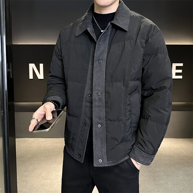 90%标白鸭绒2025冬季翻领拼接休闲加厚羽绒服外套25162-P335,男装羽绒服,电商A413