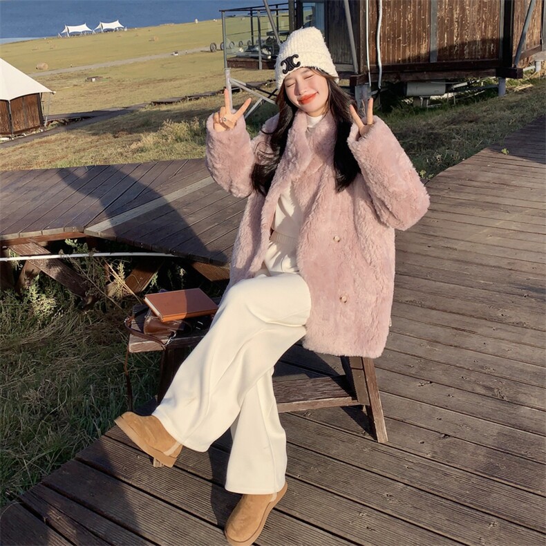 粉紫色法式温柔风皮毛一体羊羔毛外套女秋冬2025新款超好看厚棉服,女装毛呢外套,2C283