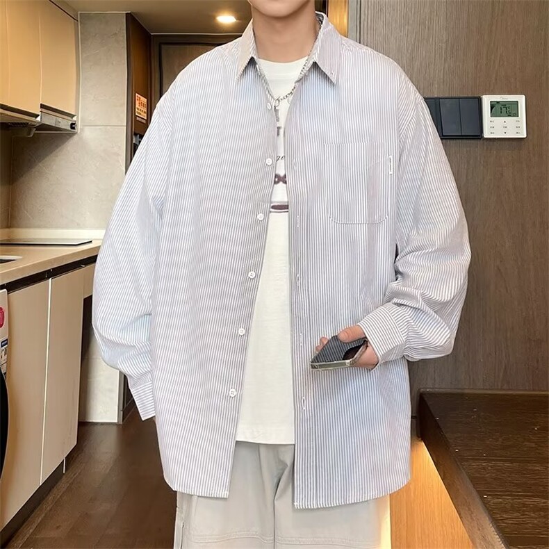 细条纹衬衫男韩版潮流宽松百搭学院风2024秋冬ins外套CY1009-P35,男装衬衫,星座412-2