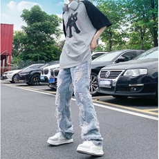 乞丐破洞高腰牛仔裤女夏季宽松直筒阔腿长裤潮牌薄款BK75-P68，男装牛仔裤，星座1109-3