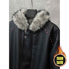 现货冬季美式潮牌痞帅PU皮机车服棉衣毛毛绒狼王座山雕皮棉服，男装棉衣，电商A443