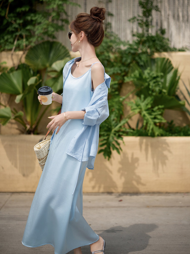 欧洲站2025春夏新款遮肚显瘦天丝收腰衬衫吊带绸缎连衣裙两件套女,女装套装/套裙,意芙