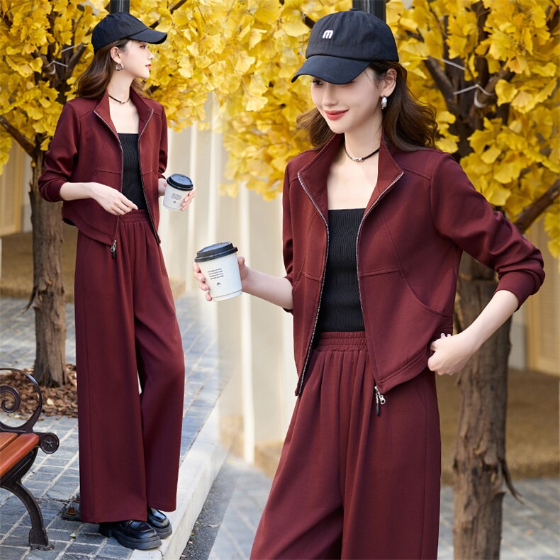 红休闲运动套装女2024秋新款气质修身开衫外套阔腿裤两件套，女装套装/套裙，依如秀(原杭风阁)