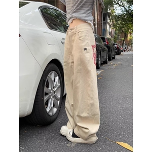 美式复古街头刺绣弯刀工装裤情侣宽松阔腿休闲裤男女LN13255-P55