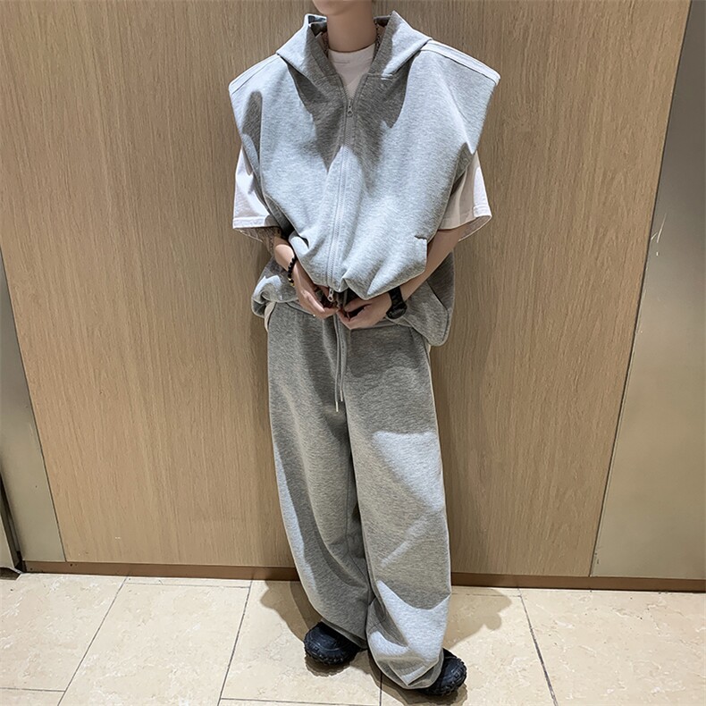 DP3708-P65三杠条纹设计休闲运动套装春夏垫肩无袖卫衣卫裤两件套,男装休闲裤,电商C233