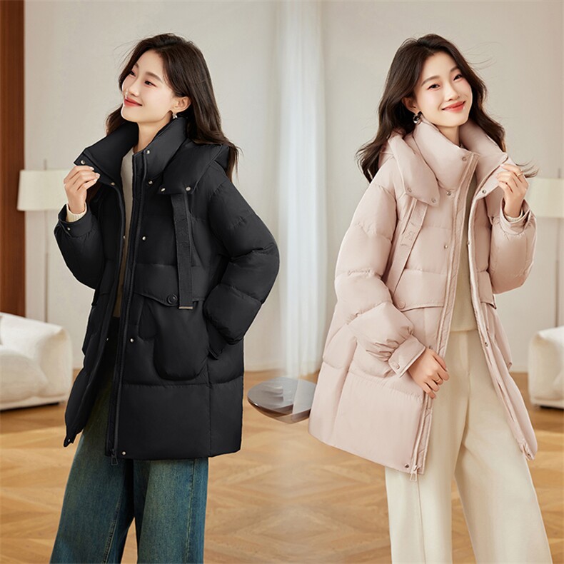 黄色连帽羽绒服女中长款2024冬季新款宽松休闲超好看白鸭绒厚外套图片