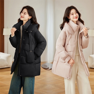 黄色连帽羽绒服女中长款2024冬季新款宽松休闲超好看白鸭绒厚外套图片