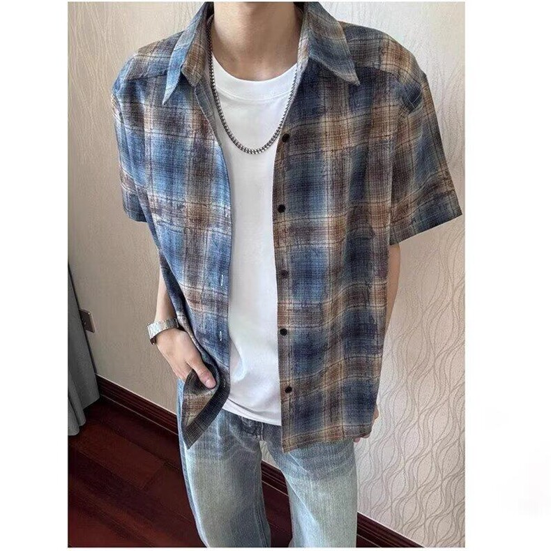 扎染格子衬衫短袖男夏季美式复古薄款外套户外格纹防晒衬衣C63，男装防晒衣，星座1116A（原606A-3）