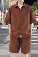 夏季薄款冰丝短袖衬衫情侣短袖短裤两件套装A455P65，男装衬衫，电商A309
