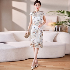 杭州原创桑蚕丝旗袍裙2023夏季新款复古风真丝盘扣连衣裙妈妈装，女装汉服/婚纱/旗袍/礼服，媚琳依坊