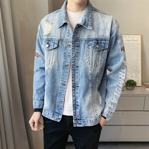 JK818-p90-限价138 现货店主风牛仔夹克肥仔量足破洞印花大码图片