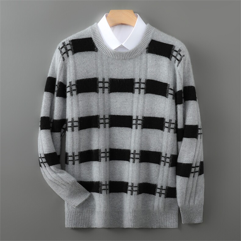 秋冬圆领条纹拼色100%纯羊毛衫男加厚套头毛衣宽松针织羊绒衫打底，男装羊毛衫，宇灿羊绒