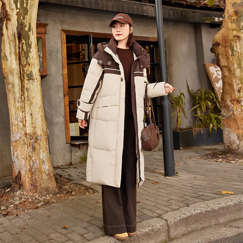 2024冬季新款新标90白鸭绒撞色长款羽绒服外套,女装羽绒服,可可小西