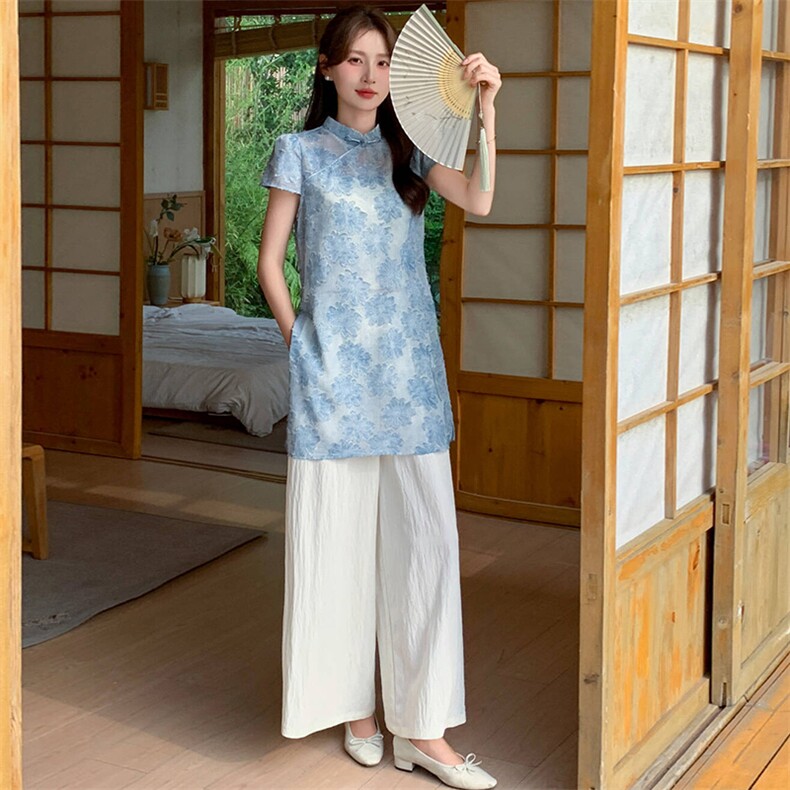 新中式g风套装女2026夏季流行复古印花盘扣旗袍上衣阔腿裤两件套,女装套装/套裙,心心服饰