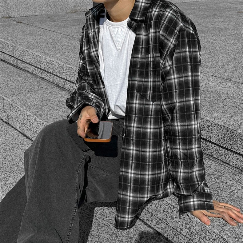格子衬衫男长袖春季宽松休闲衬衣翻领复古cleanfit外套828P50,男装衬衫,星座710