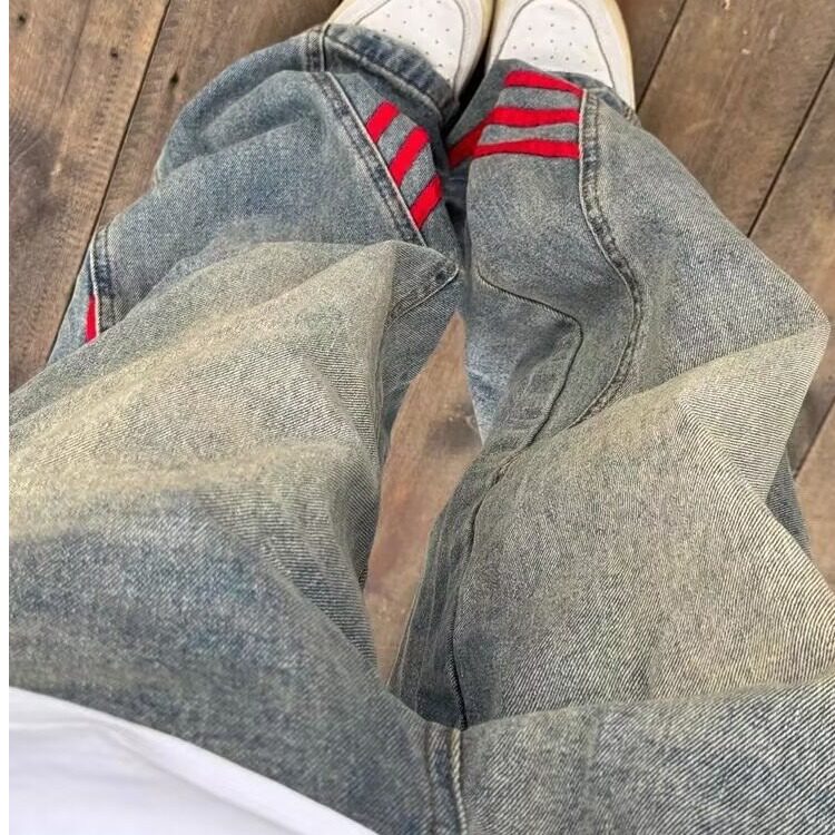大码美式复古条纹撞色拼接做旧牛仔裤男女潮直筒宽松工装阔腿长裤,男装牛仔裤,星座218-1（原230）