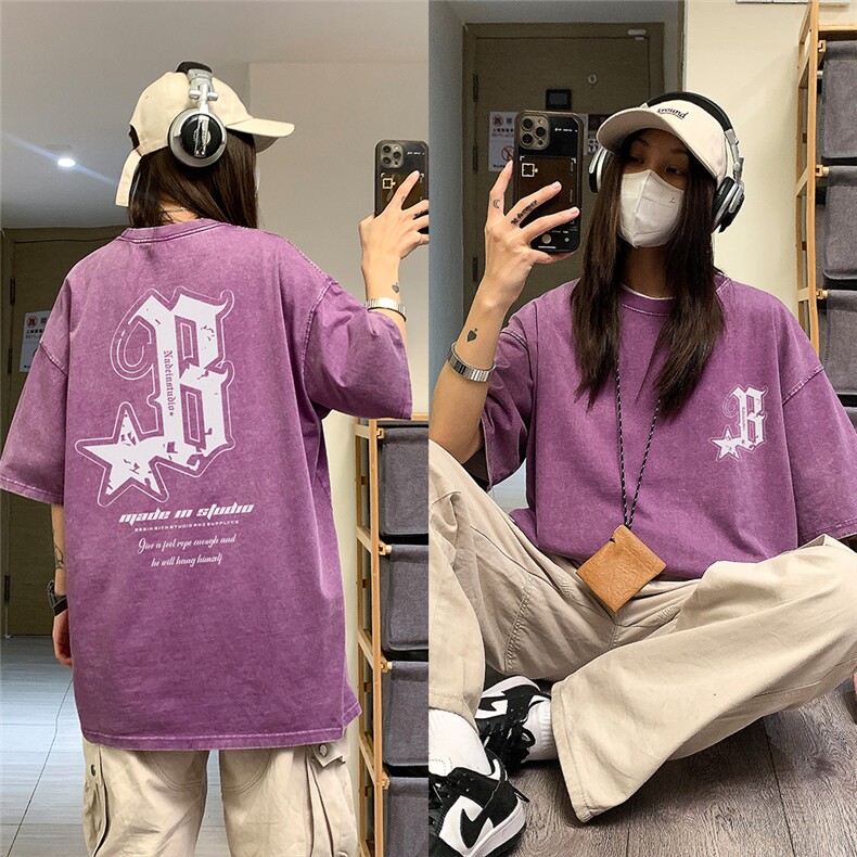 EQ205*水洗美式复古短袖男女学院风做旧T恤潮流印花体恤中性风图片