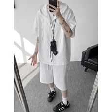 TZ793-特55控98新款速干肌理感连帽男短袖衬衫六分裤大码套装，男装T恤，电商A059